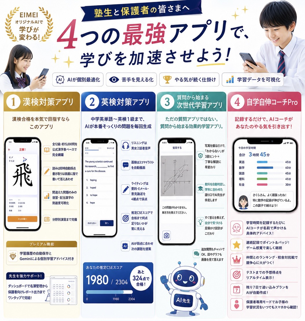 4つの最強アプリで、学びを加速させよう！ — EIMEIオリジナルAIで学びが変わる。